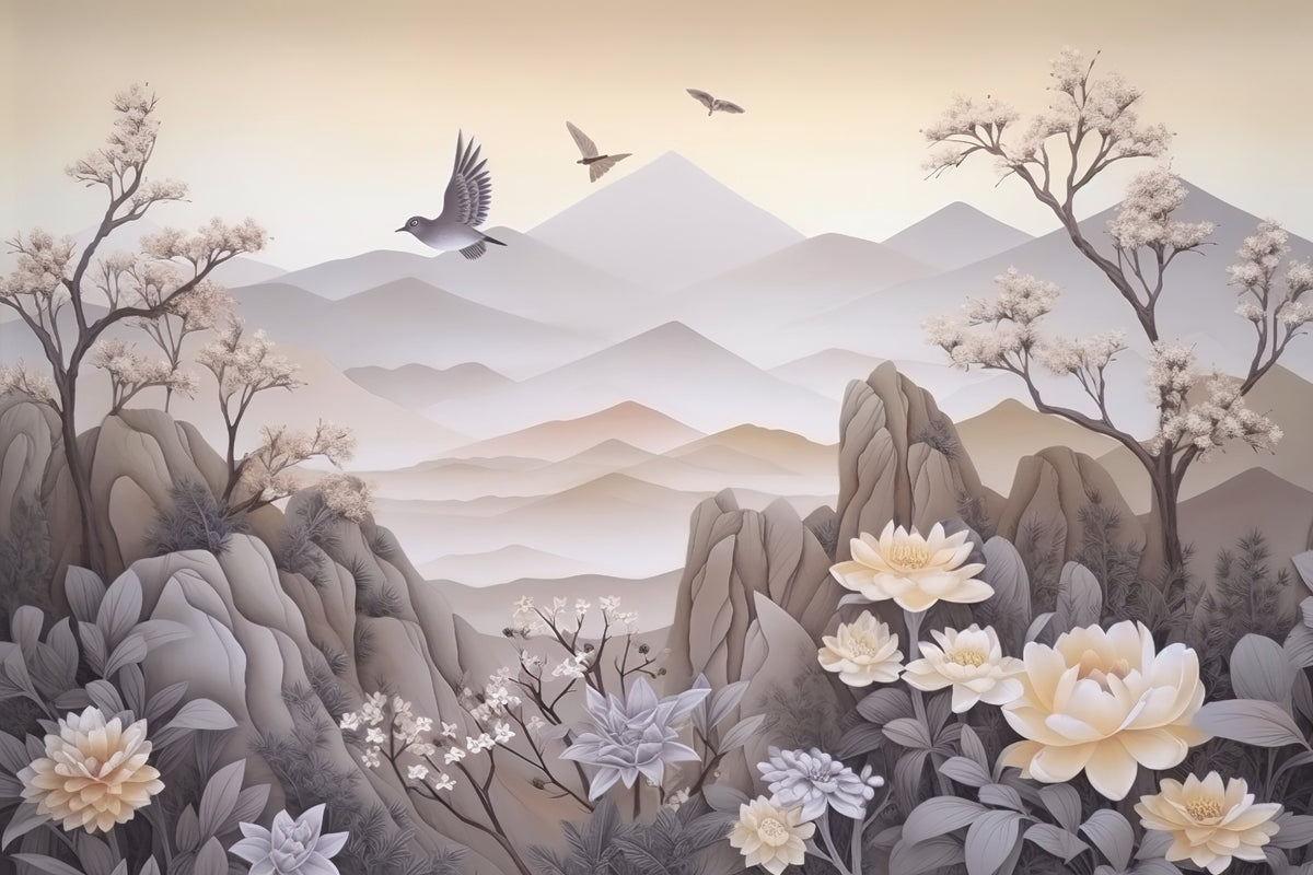 Elegant 3D Floral Landscape Wallpaper in your room — zoomed