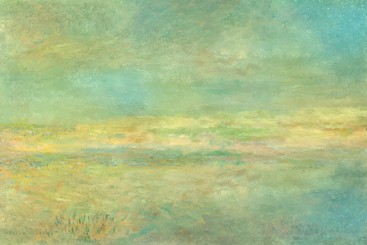Soft Watercolor Misty Meadow Wallpaper in your room — zoomed