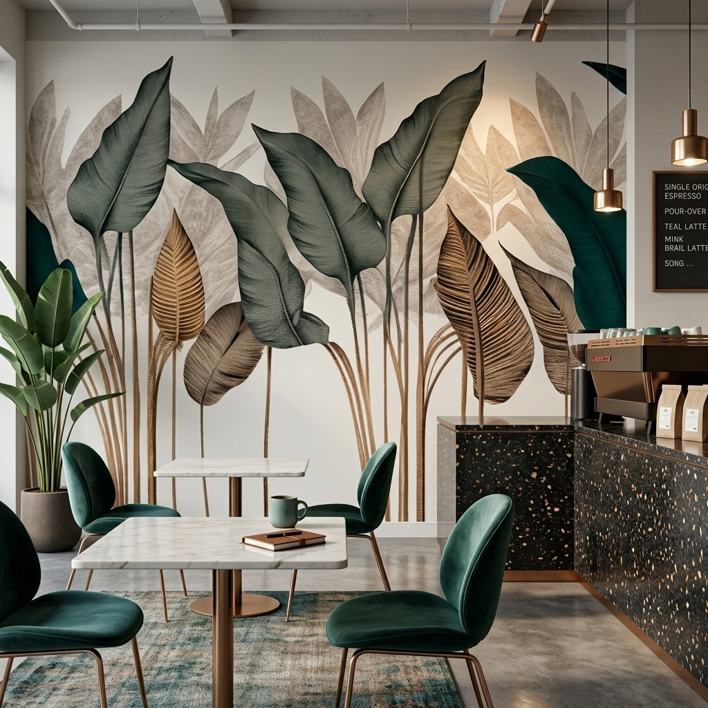 Artistic botanical leaf Cafe wall mural featuring layered leaves.