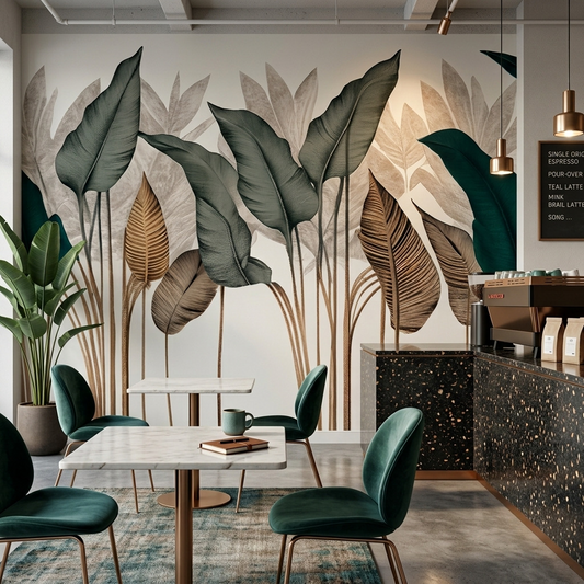 Artistic botanical leaf Cafe wall mural featuring layered leaves.