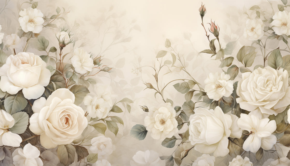 Elegant White Rose Floral Wallpaper in your room