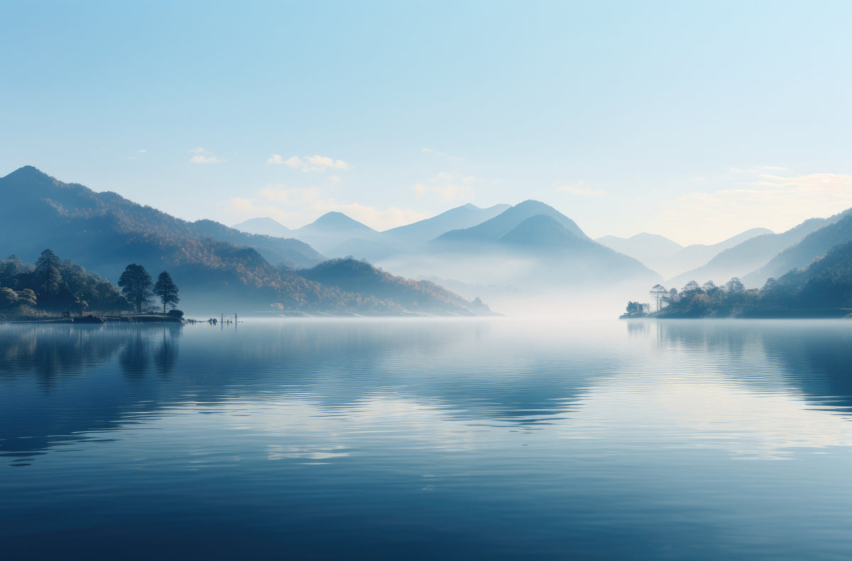 Misty Mountain Lake Wallpaper Mural in your room — zoomed