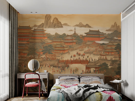 Ancient Chinese palace mural with gardens
