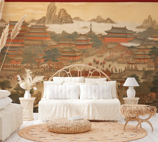 Imperial Chinese palace with red pagodas
