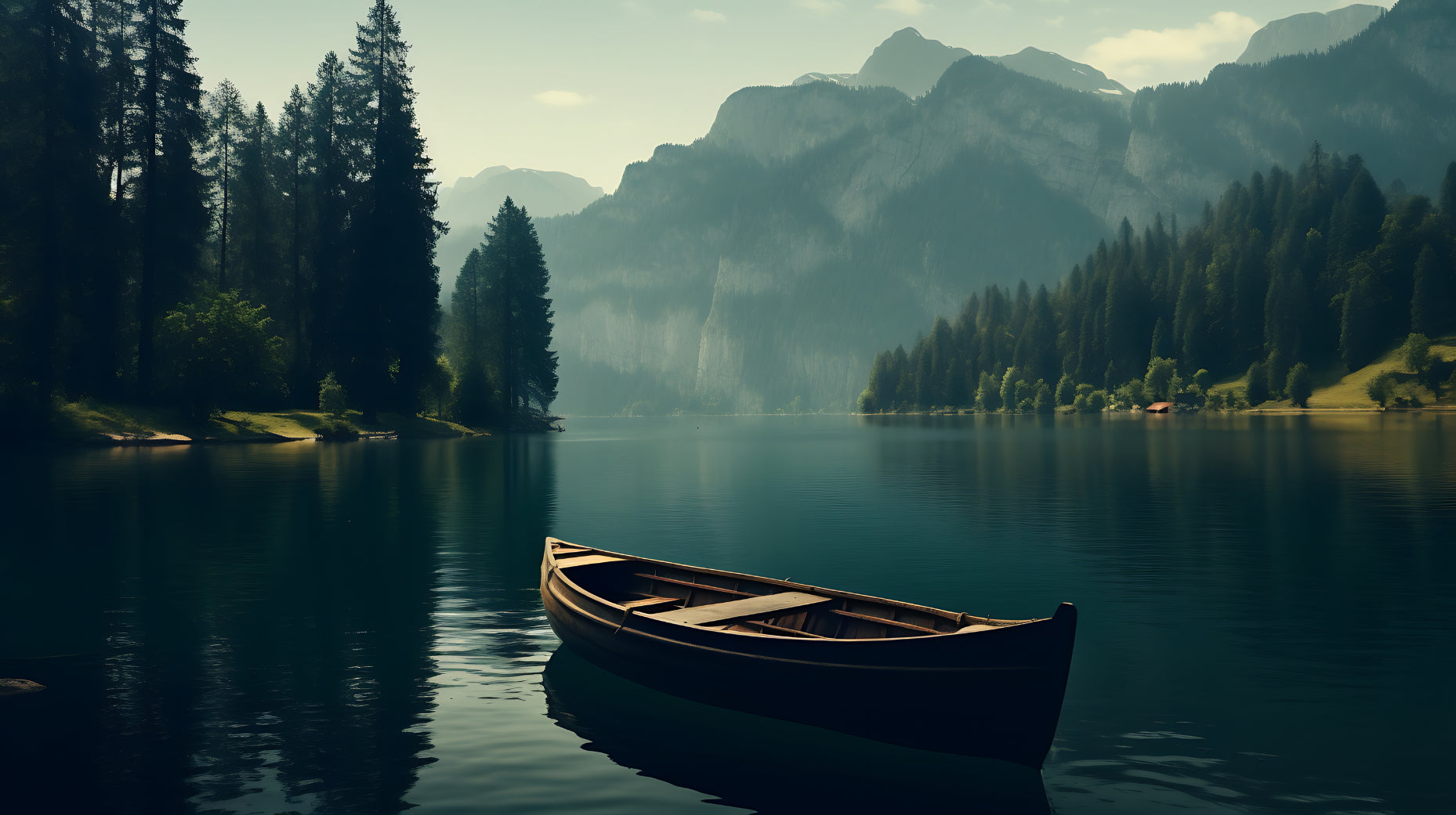 Tranquil Lake Boat Landscape Wallpaper