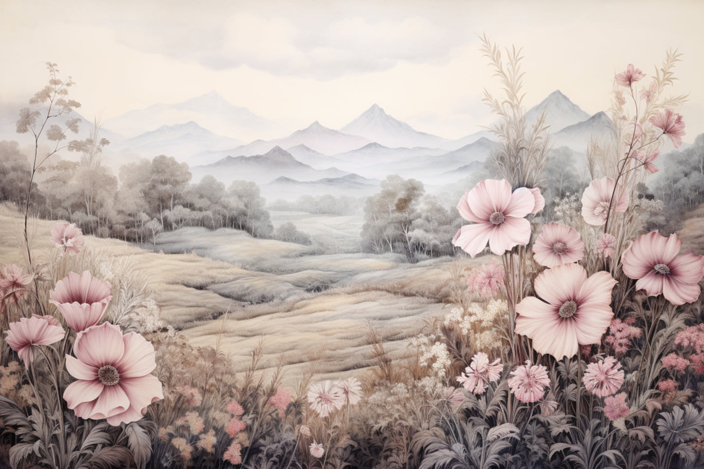 Pastel Mountain Blossom Wallpaper