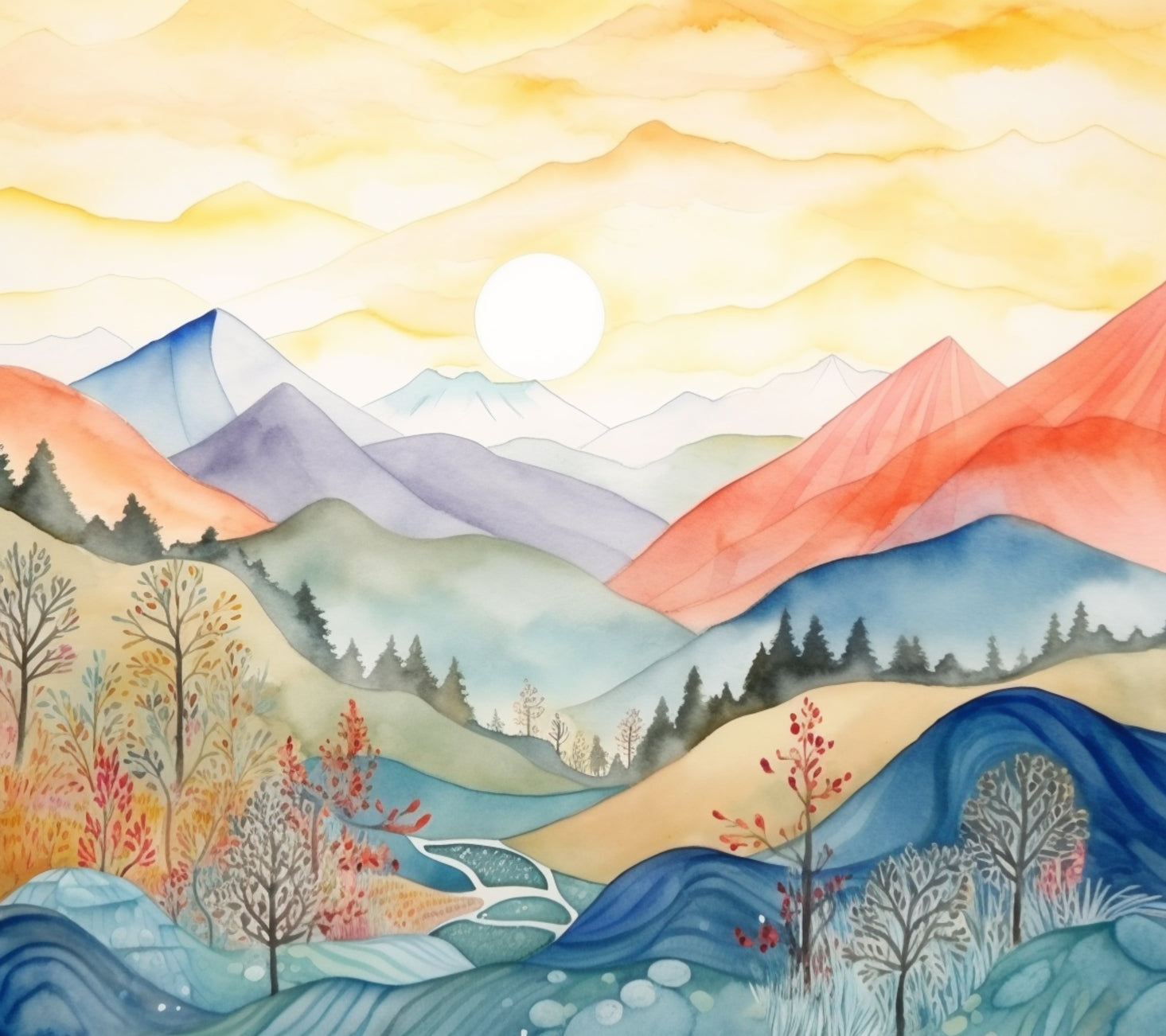 Watercolor Mountain Landscape Wallpaper