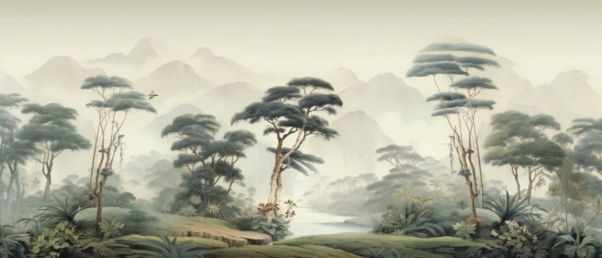 Foggy Jungle Landscape Wallpaper in your room