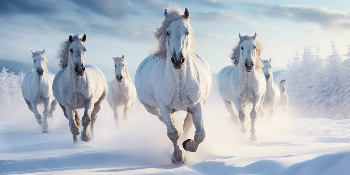 White Stallions in Snow Wallpaper