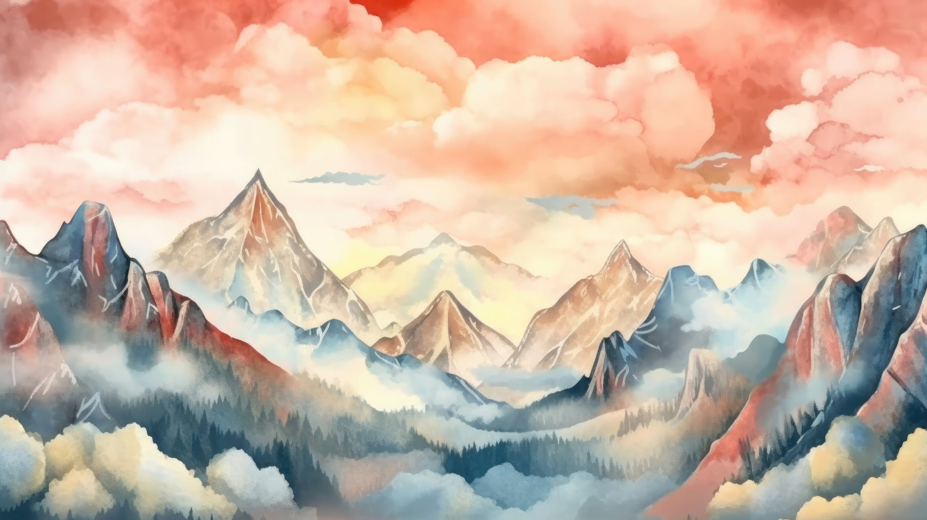 Watercolor Misty Mountain Wallpaper