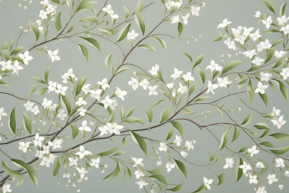 White Floral Branch Wallpaper in your room — zoomed