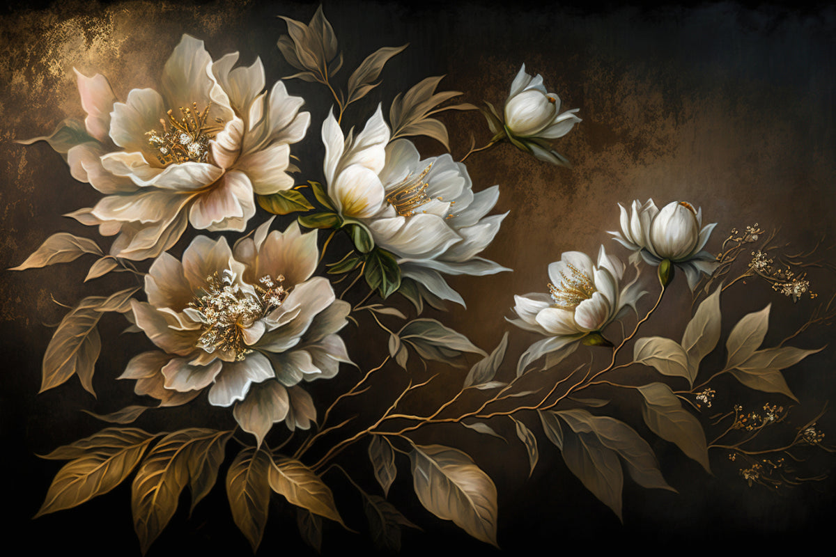 Golden Peony Floral Wallpaper in your room — zoomed