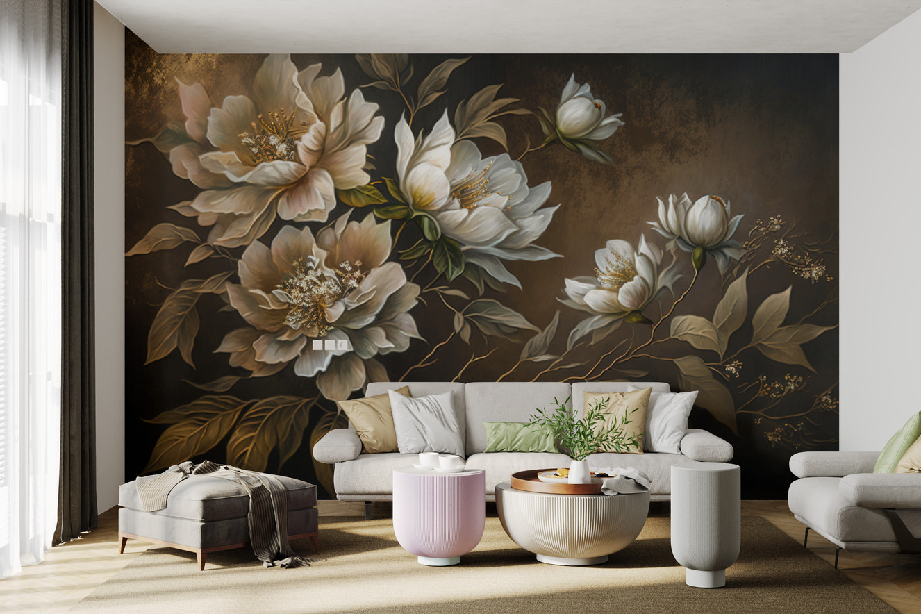 Golden peony floral wallpaper with deep tones