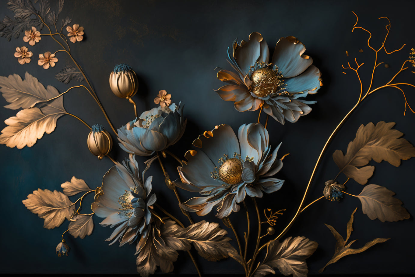Gold and Blue Floral Wallpaper