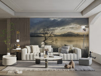 Misty lake tree wallpaper with soft reflections
