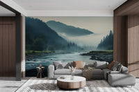 Serene river background with rocky terrain
