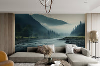 Foggy forest landscape with mountain scenery
