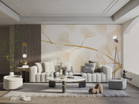 Elegant botanical wallpaper with gold-accented leaves
