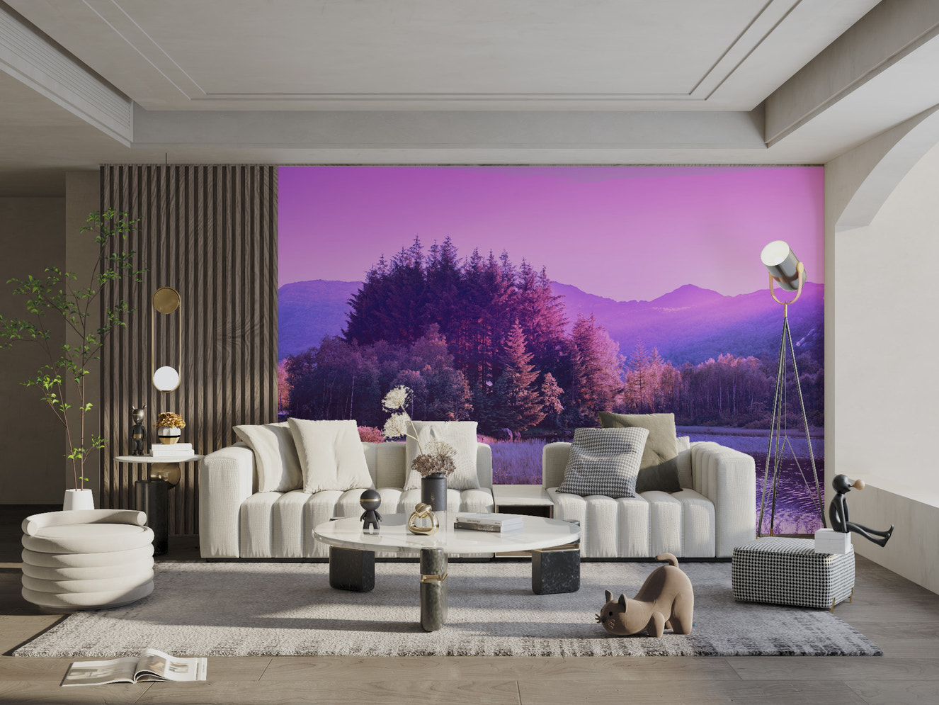 Lavender twilight forest with a scenic mountain view