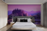 Purple nature landscape with a dreamy forest background
