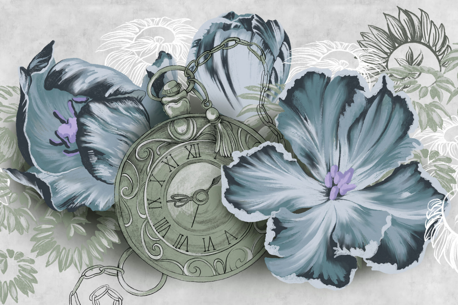 Blue Botanical Clock Wallpaper