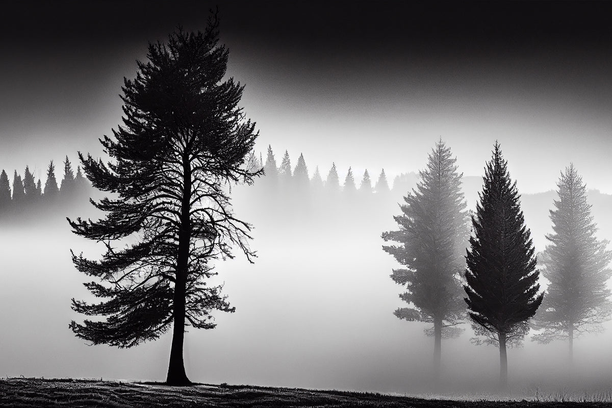 Foggy Monochrome Forest Wallpaper in your room — zoomed