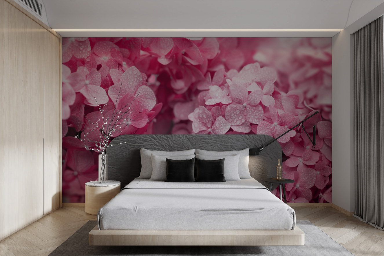 Vibrant pink hydrangea floral wallpaper for interiors