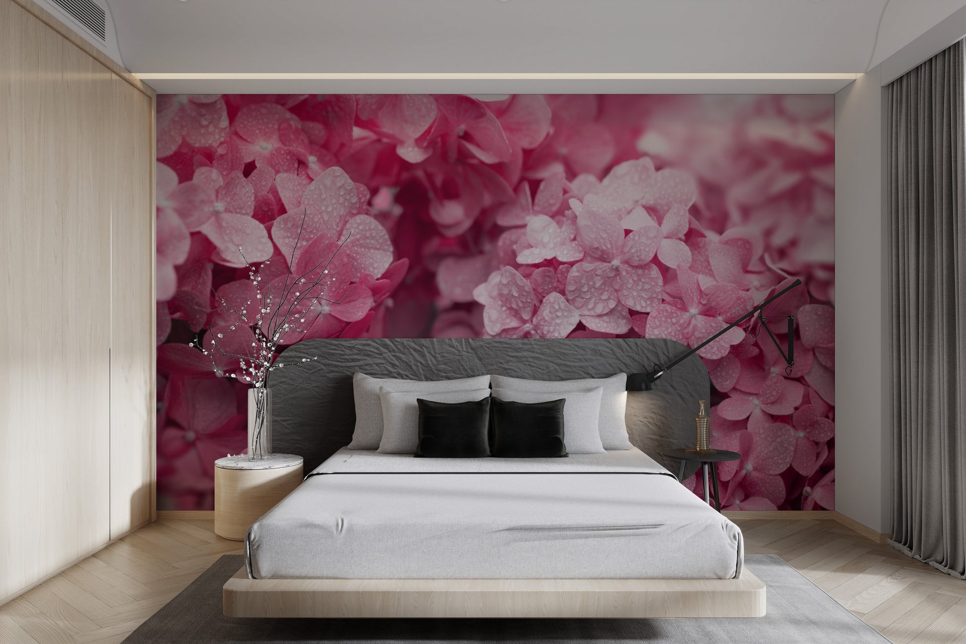 Vibrant pink hydrangea floral wallpaper for interiors

