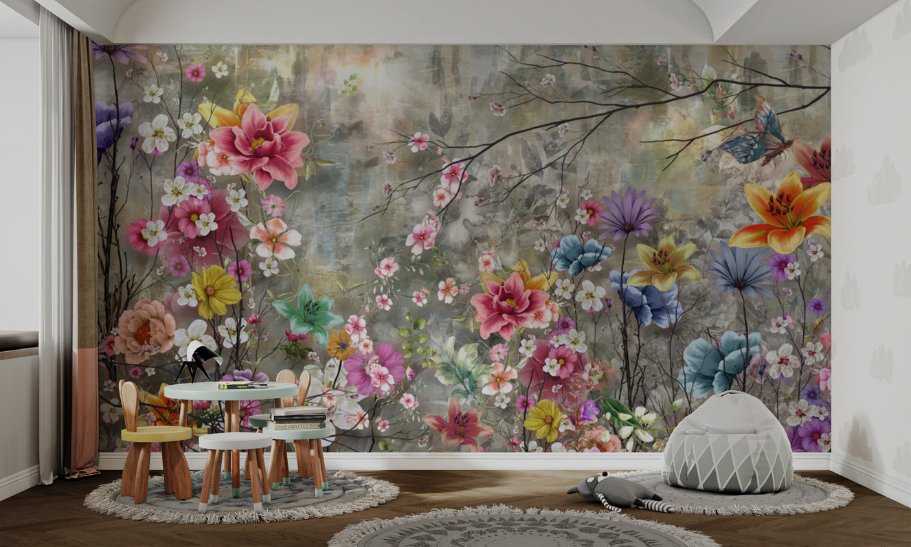 Whimsical floral garden wallpaper with watercolor flowers