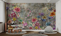 Whimsical floral garden wallpaper with watercolor flowers
