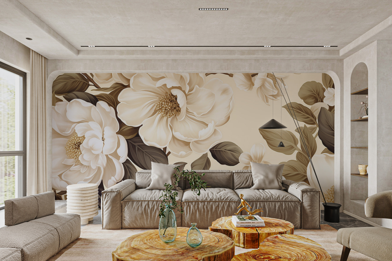 Vintage cream floral wallpaper with botanical elegance
