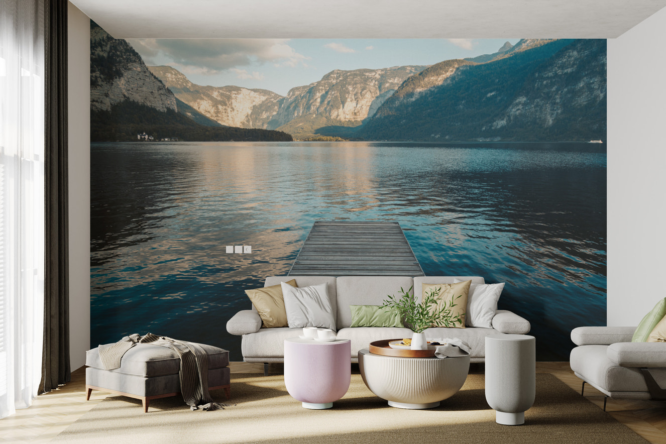 Scenic lakeside dock wallpaper with mountain reflections