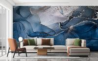 Faux Marble Dark Blue Wallpaper Mural Design