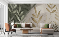 Green and Beige Foliage Delight Wall Mural for Serene Walls