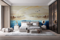 Mountain and Crane Beige Sky Wallpaper Mural
