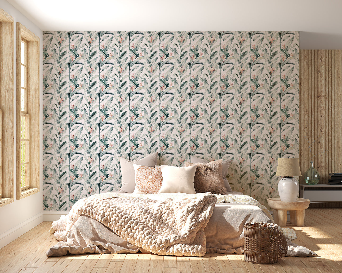 Whitewashed Tropical Palms Mural for natural decor