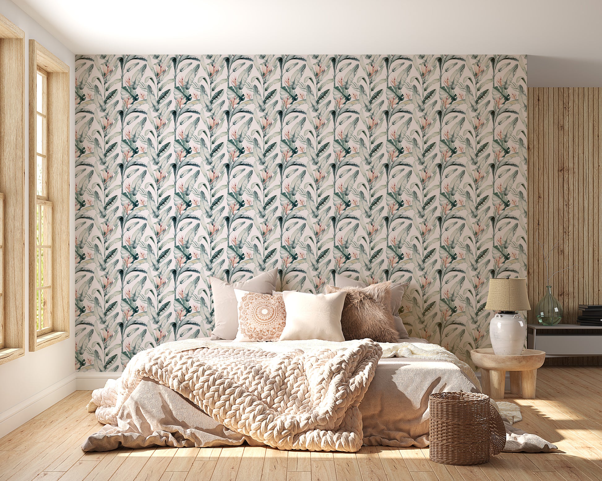 Whitewashed Tropical Palms Mural for natural decor