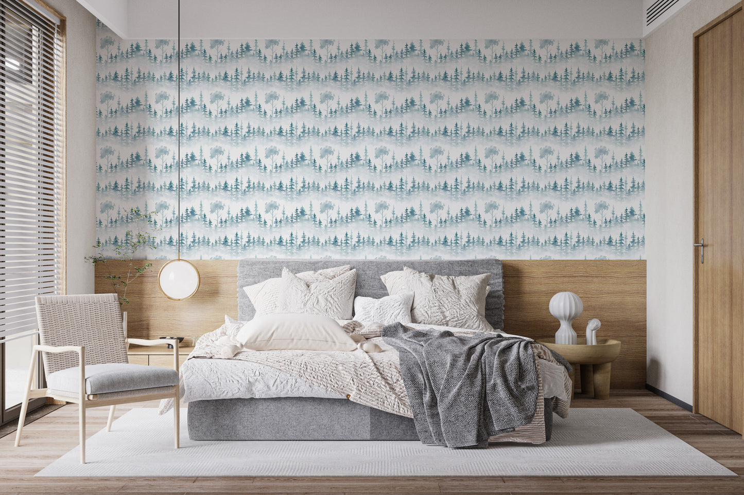 Misty White Woodland Wall Mural for serene decor