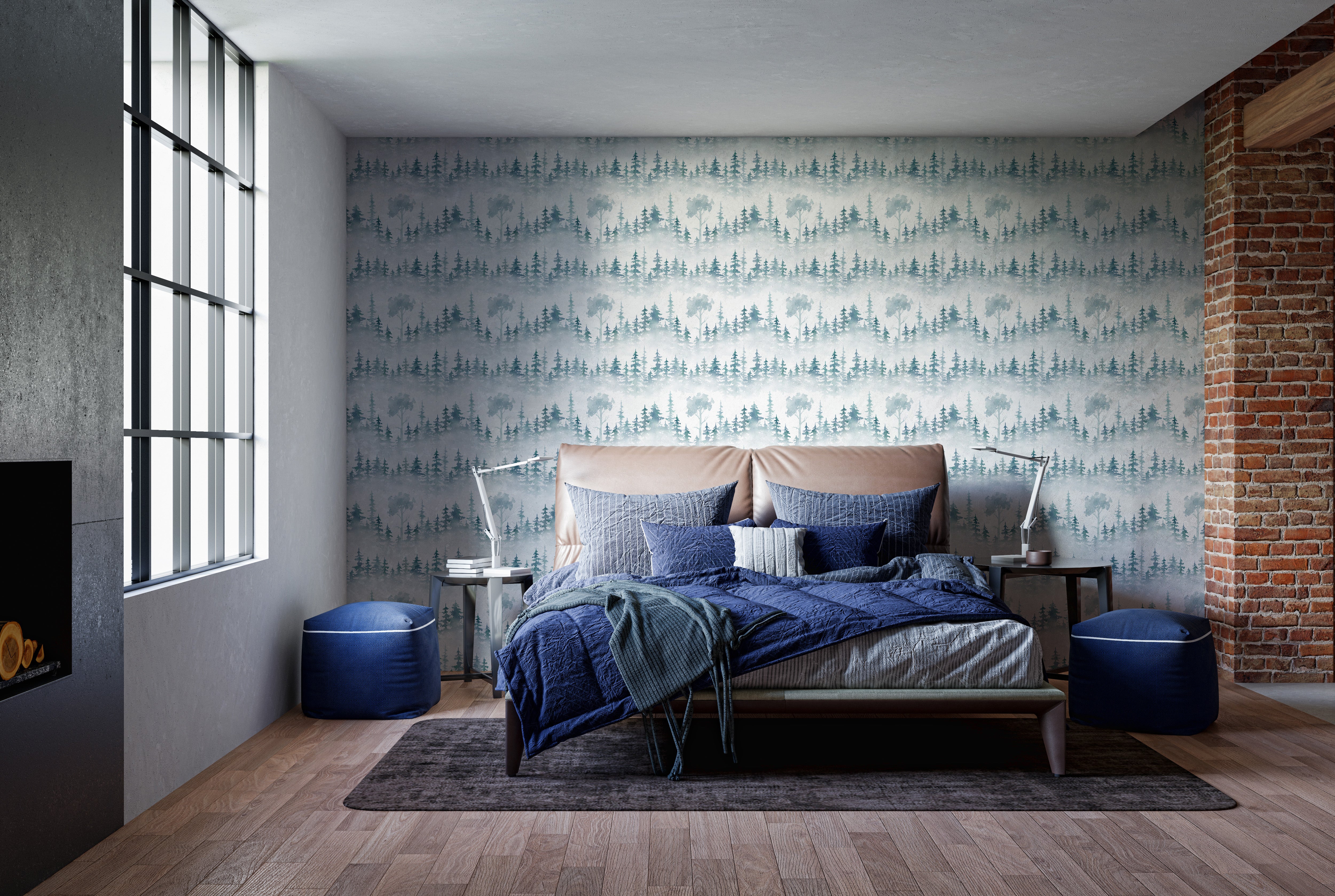 Misty White Woodland Wall Mural for calming spaces
