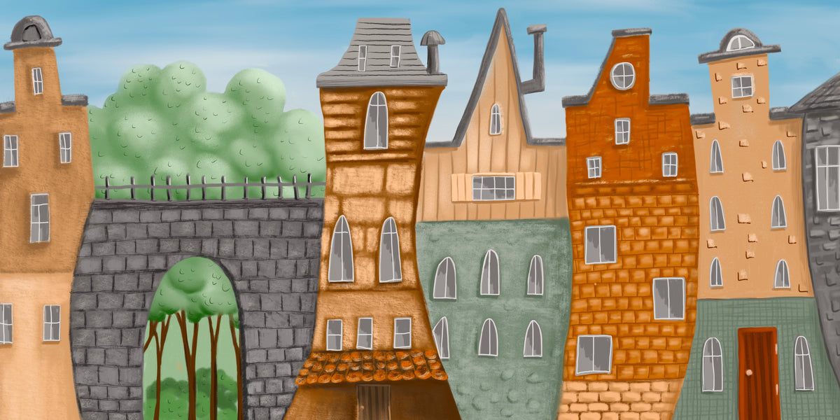 Storybook Townscape Wall Mural in your room — zoomed