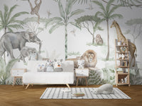 Elephant and giraffe wallpaper in a soft watercolor design
