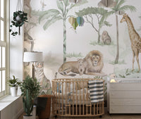 Safari animal mural featuring elephants, giraffes, and lions
