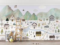 Tranquil Mountain Range Wall Mural with misty mountain tops