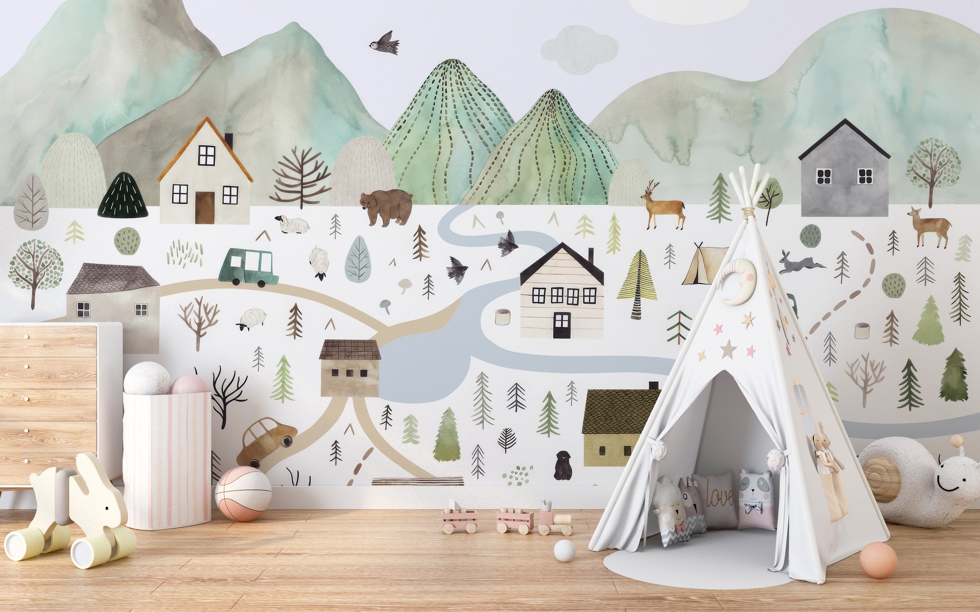 Tranquil Mountain Range Wall Mural with soft mountain tones