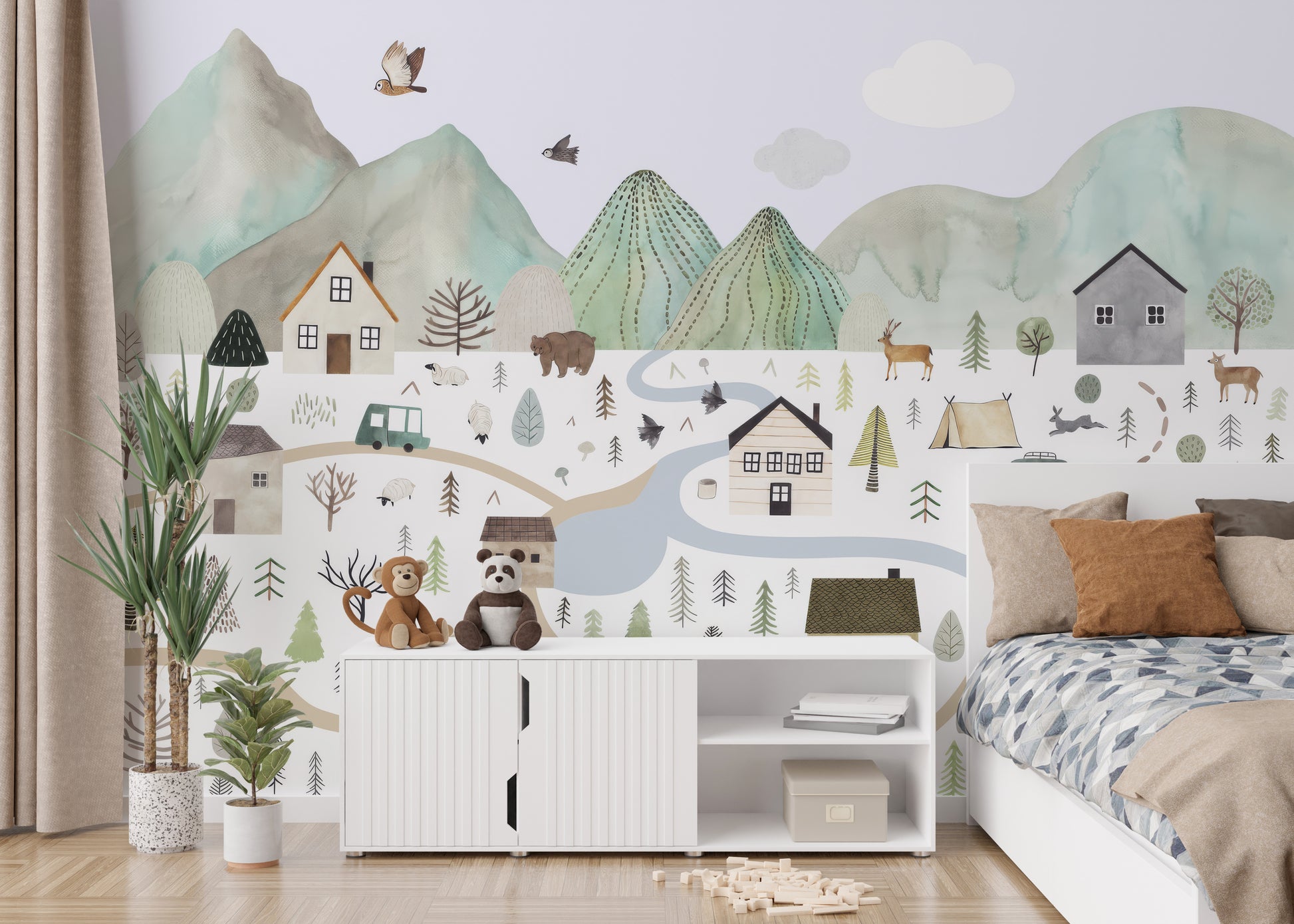 Tranquil Mountain Range Wall Mural with distant mountain views