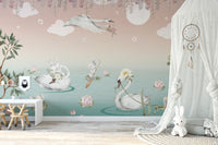 Swan Lake Fantasy Wallpaper Mural with elegant swans