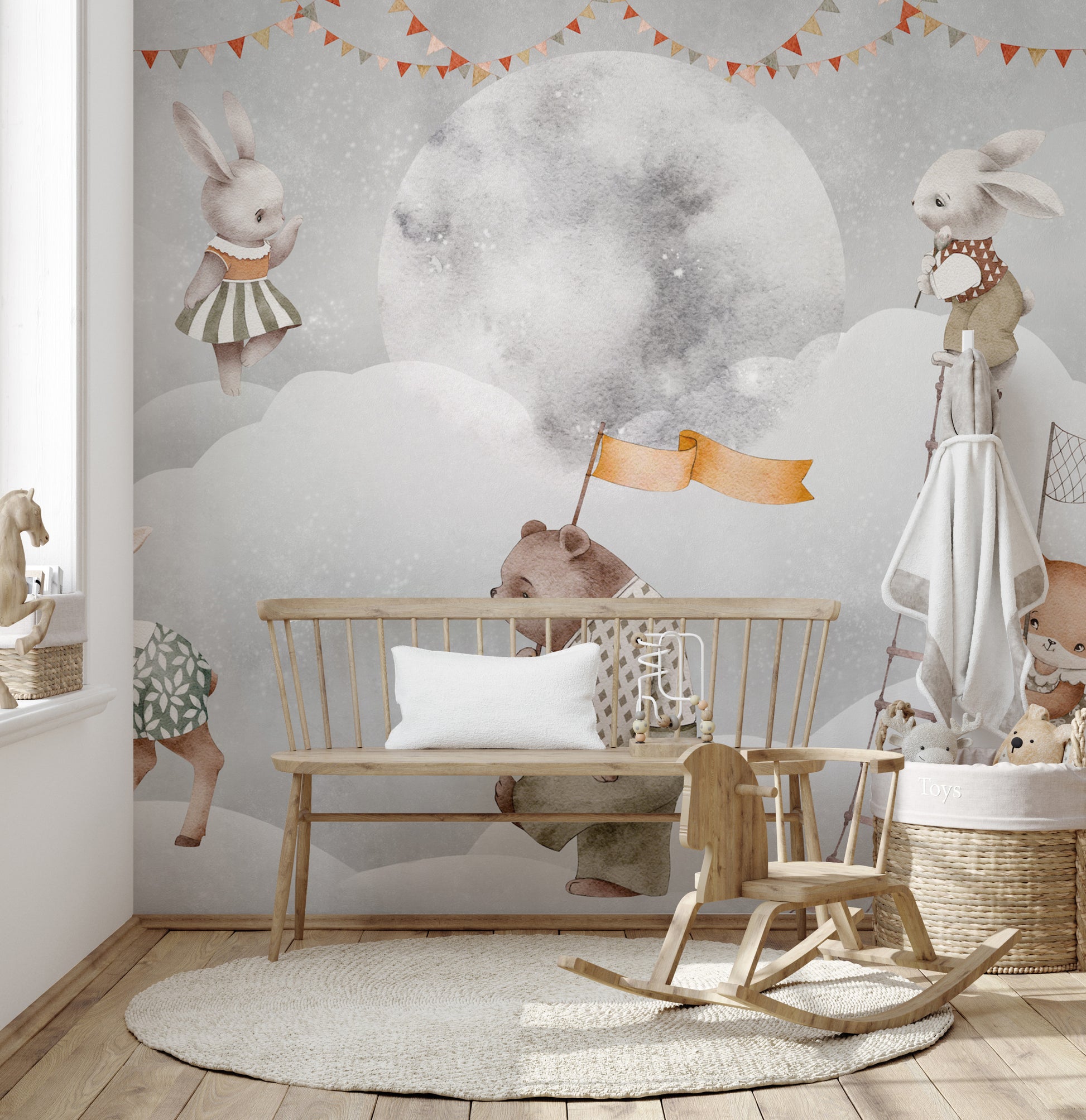 Adorable bears wallpaper mural under moon

