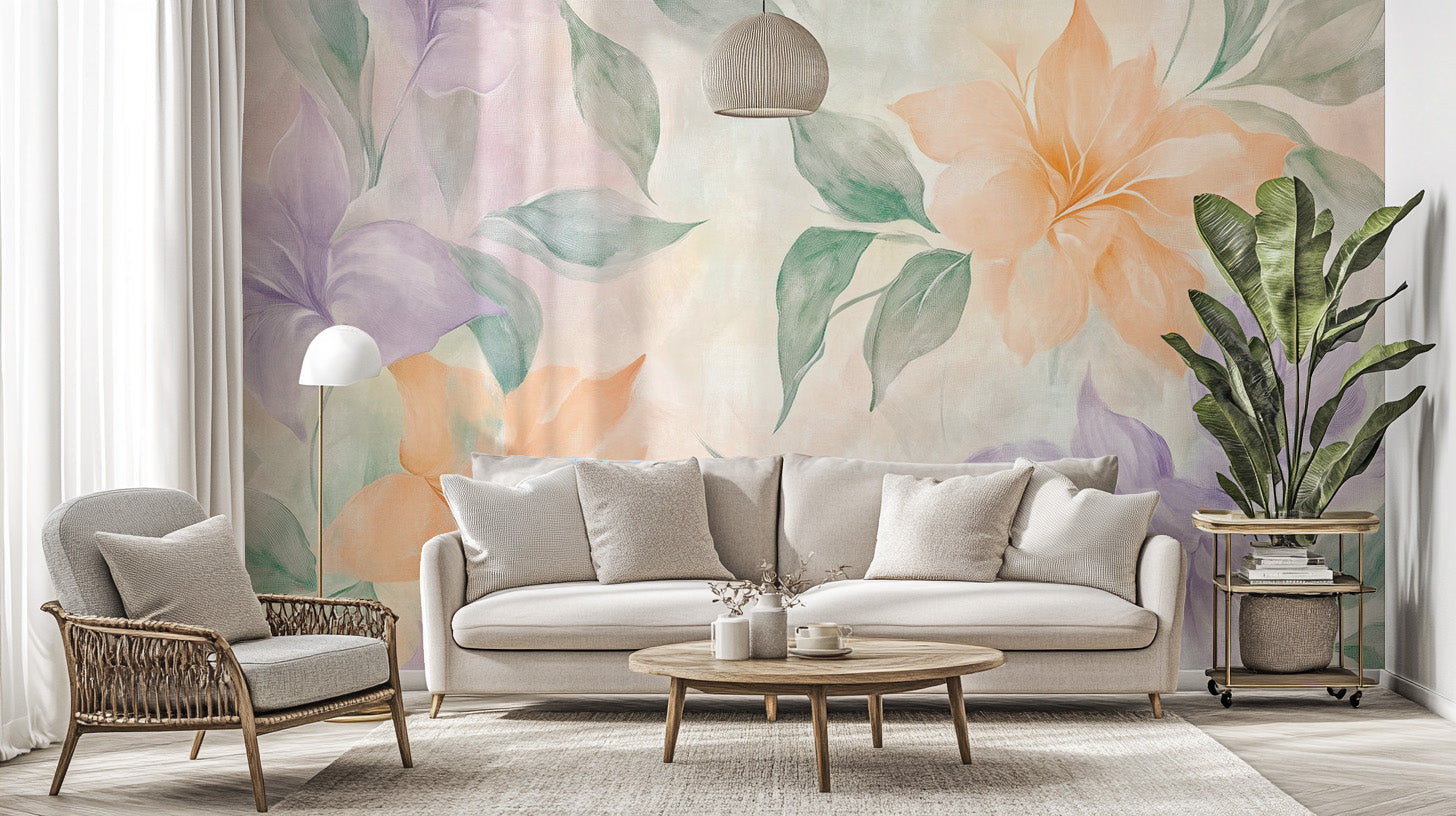 Romantic watercolor flowers mural in muted colors.

