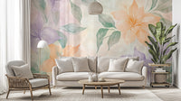 Romantic watercolor flowers mural in muted colors.

