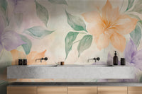 Soft watercolor floral mural with pastel blooms.
